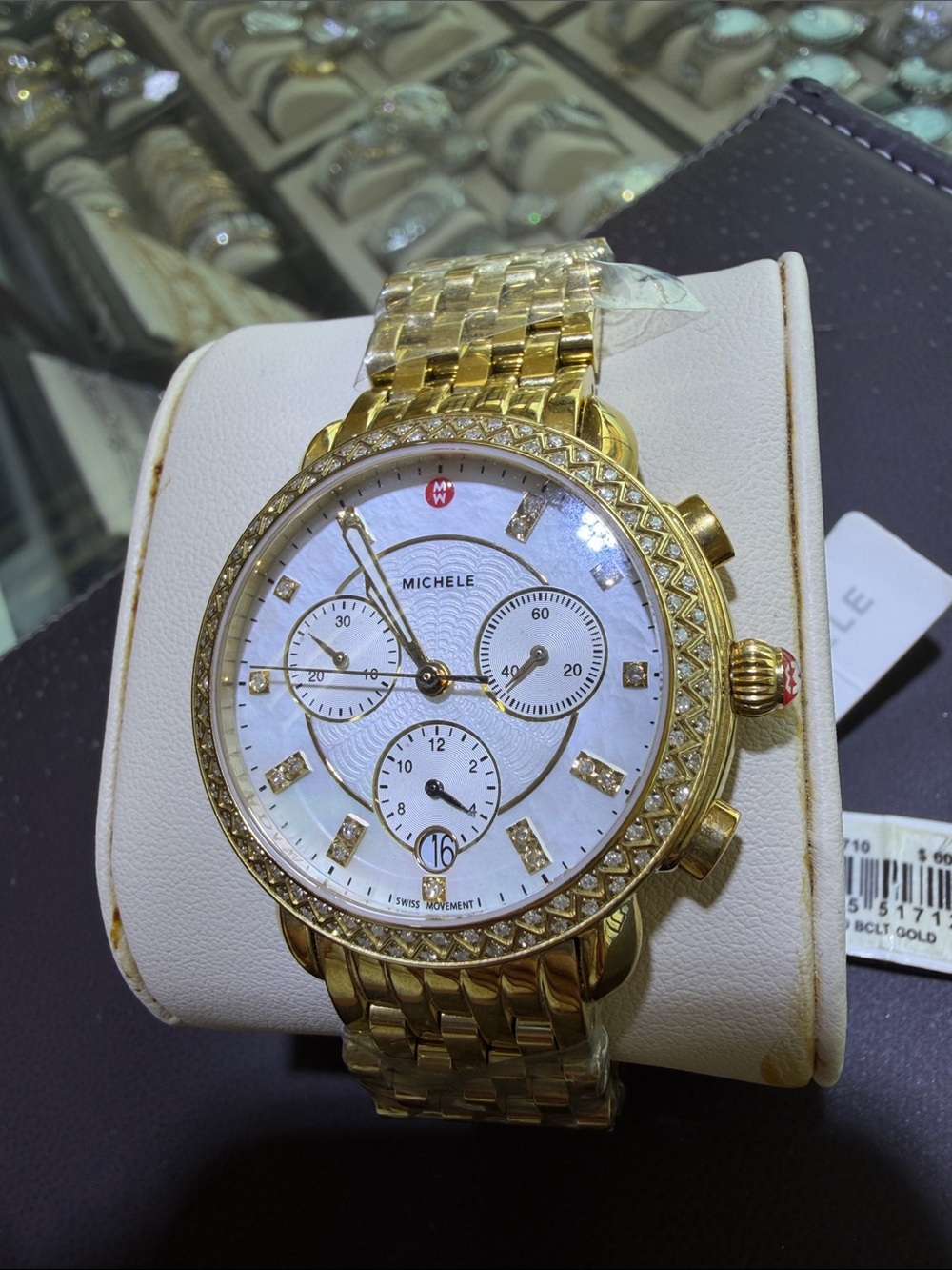 Michele Gold-Tone Diamond Accent Chronograph Watch with White Dial - Picture 7 of 14
